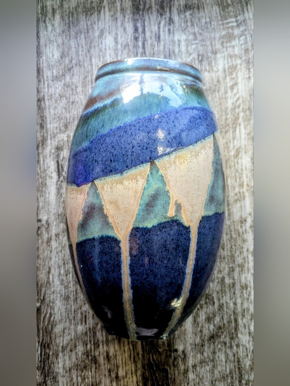 The Pottery House Athens Texas Studio Pottery Vase 10" Blue Drip Glaze